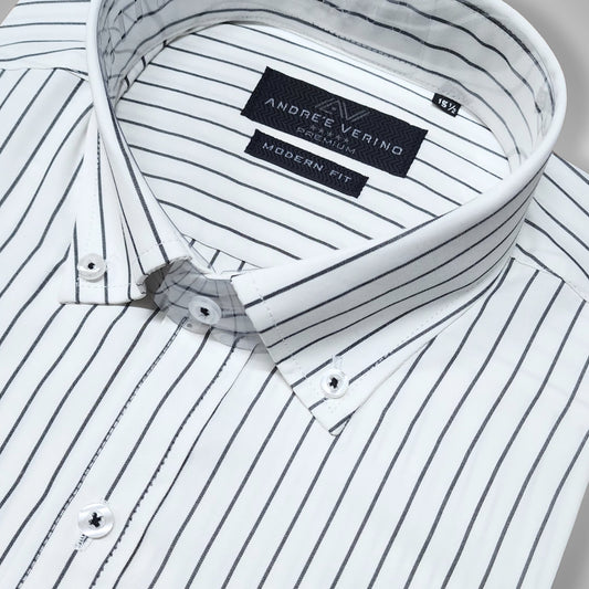 CAMISA ANDRE'E VERINO PREMIUM - BOTON EN EL CUELLO CASUAL BLANCO RAYAS NEGRAS