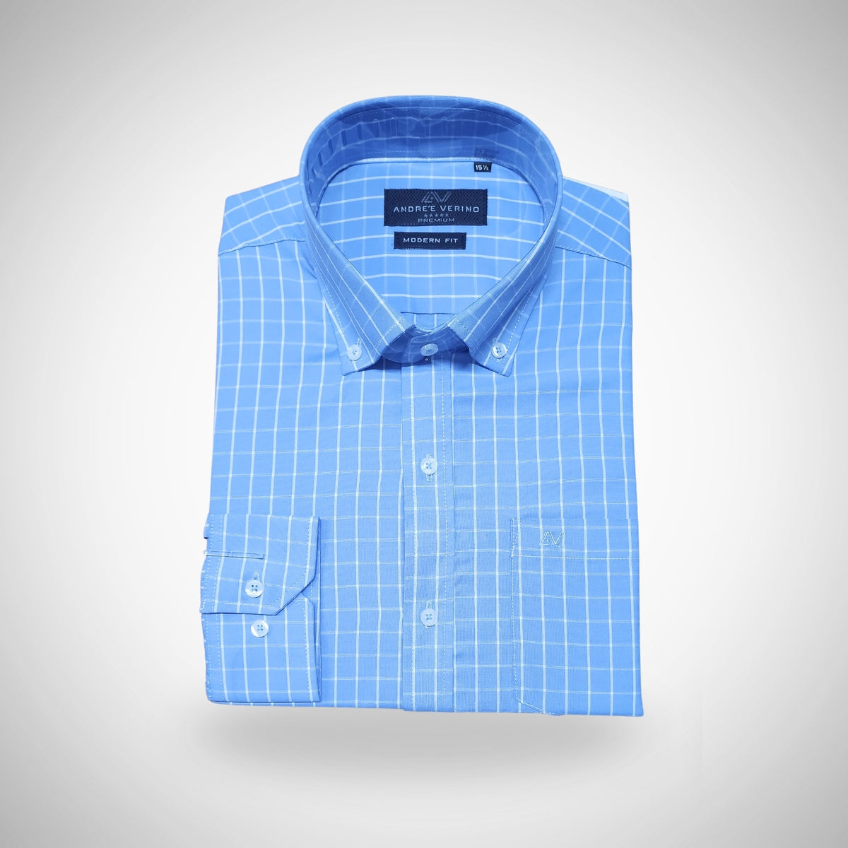 CAMISA ANDRE'E VERINO PREMIUM - BOTON EN EL CUELLO CASUAL CUADROS AZUL CIELO