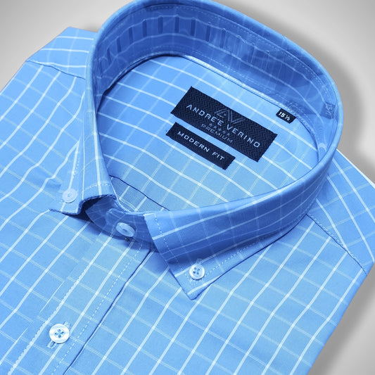 CAMISA ANDRE'E VERINO PREMIUM - BOTON EN EL CUELLO CASUAL CUADROS AZUL CIELO