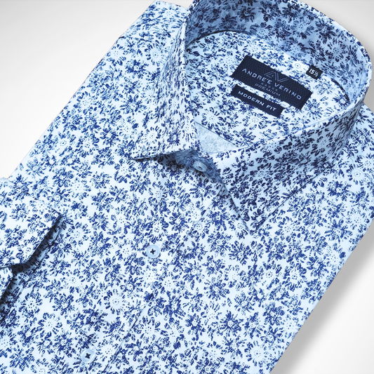 CAMISA ANDRE'E VERINO PREMIUM - ESTAMPADO CASUAL BLANCO HOJAS AZUL