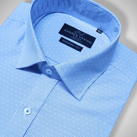 CAMISA ANDRE'E VERINO PREMIUM - LABRADO PUNTOS A RAYAS CELESTES FONDO BLANCO