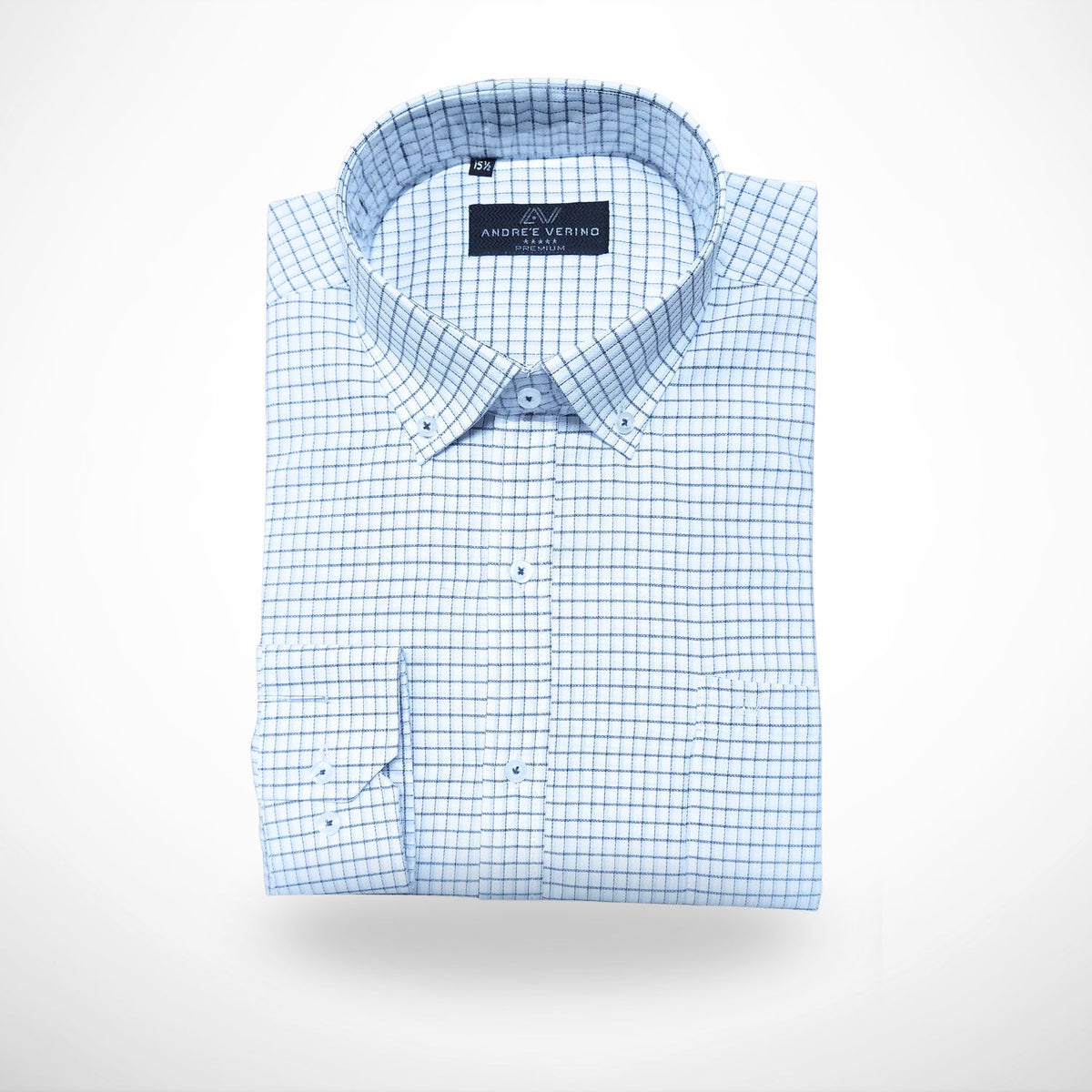 CAMISA ANDRE'E VERINO PREMIUM - BOTON EN EL CUELLO CASUAL BLANCO CUADROS AZULES Y NEGROS