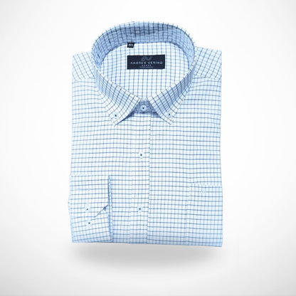 CAMISA ANDRE'E VERINO PREMIUM - BOTON EN EL CUELLO CASUAL BLANCO CUADROS AZULES Y NEGROS