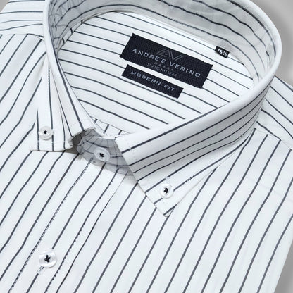 CAMISA ANDRE'E VERINO PREMIUM - BOTON EN EL CUELLO CASUAL BLANCO RAYAS NEGRAS