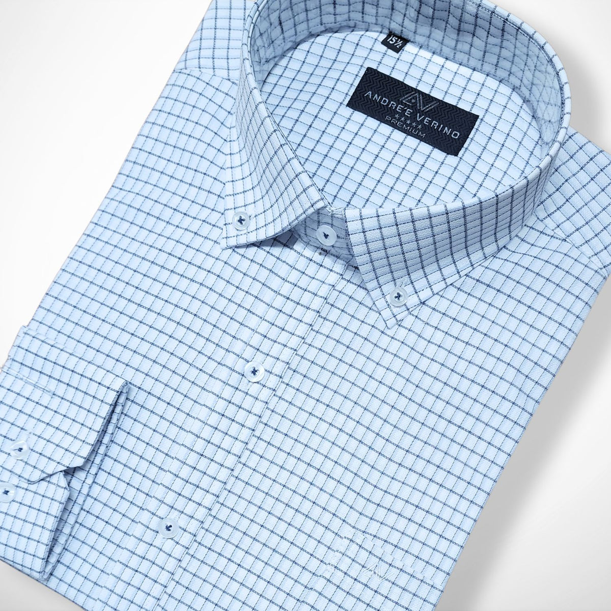 CAMISA ANDRE'E VERINO PREMIUM - BOTON EN EL CUELLO CASUAL BLANCO CUADROS AZULES Y NEGROS