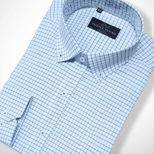 CAMISA ANDRE'E VERINO PREMIUM - BOTON EN EL CUELLO CASUAL BLANCO CUADROS AZULES Y NEGROS