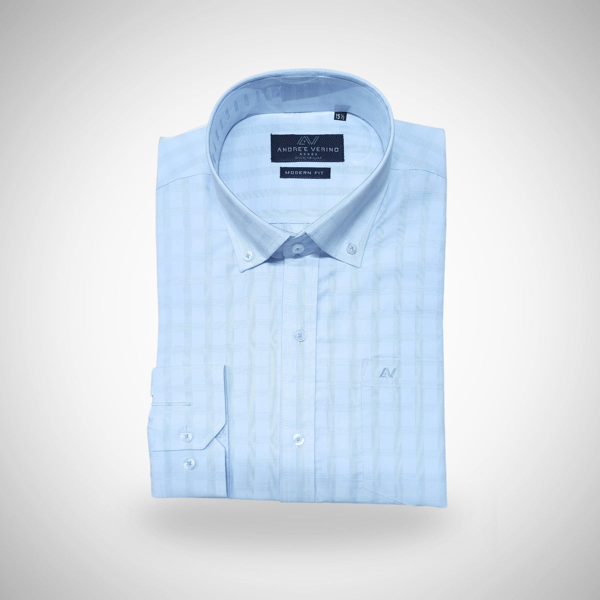 CAMISA ANDRE'E VERINO PREMIUM - BOTON EN EL CUELLO CASUAL CUADROS CELESTES Y AZULES