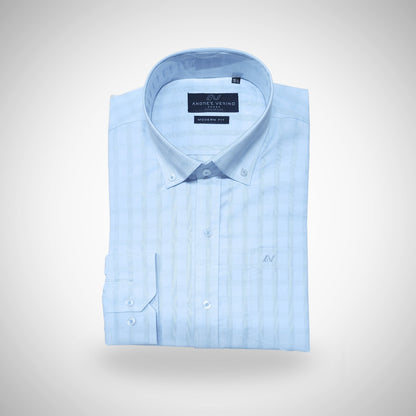 CAMISA ANDRE'E VERINO PREMIUM - BOTON EN EL CUELLO CASUAL CUADROS CELESTES Y AZULES