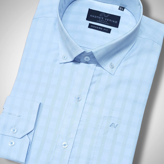 CAMISA ANDRE'E VERINO PREMIUM - BOTON EN EL CUELLO CASUAL CUADROS CELESTES Y AZULES