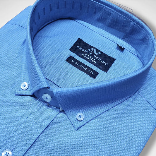 CAMISA ANDRE'E VERINO PREMIUM - BOTON EN EL CUELLO CASUAL  CELESTE MICROCUADROS