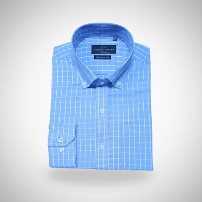 CAMISA ANDRE'E VERINO PREMIUM - BOTON EN EL CUELLO CASUAL CUADROS AZUL CIELO