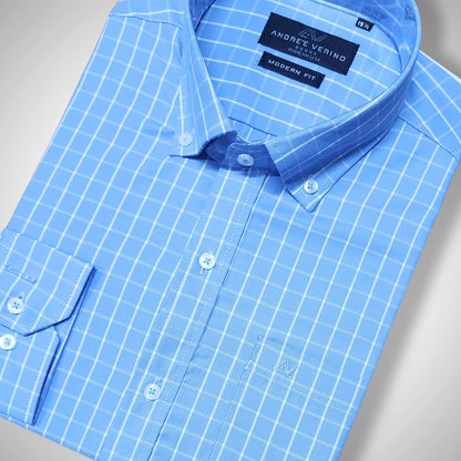 CAMISA ANDRE'E VERINO PREMIUM - BOTON EN EL CUELLO CASUAL CUADROS AZUL CIELO