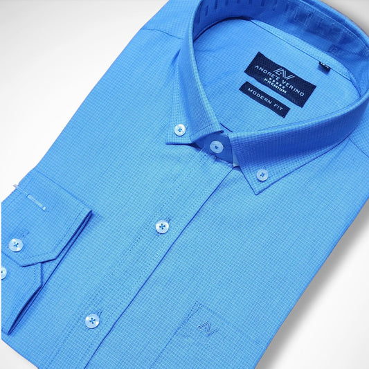 CAMISA ANDRE'E VERINO PREMIUM - BOTON EN EL CUELLO CASUAL  CELESTE MICROCUADROS