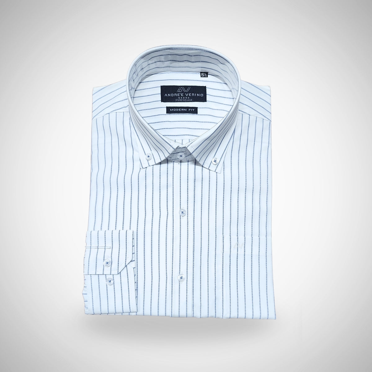 CAMISA ANDRE'E VERINO PREMIUM - BOTON EN EL CUELLO CASUAL BLANCO RAYAS AZULES