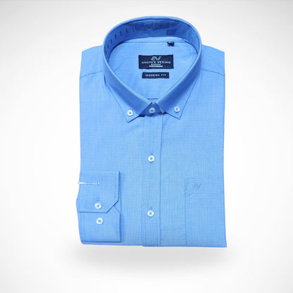 CAMISA ANDRE'E VERINO PREMIUM - BOTON EN EL CUELLO CASUAL  CELESTE MICROCUADROS