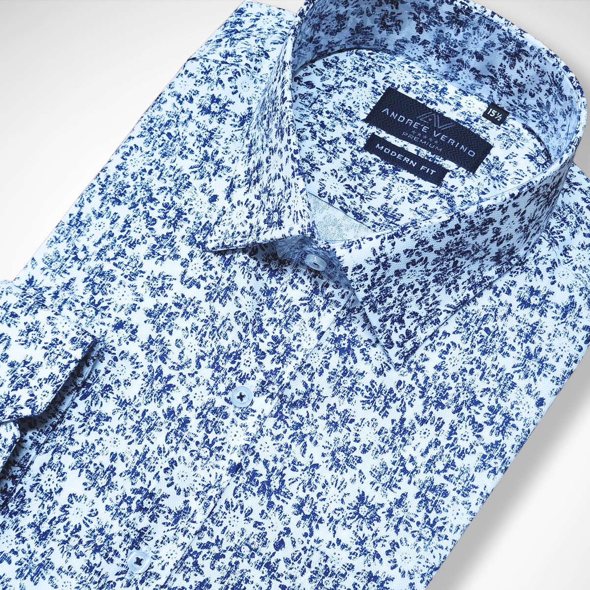 CAMISA ANDRE'E VERINO PREMIUM - ESTAMPADO CASUAL BLANCO HOJAS AZUL