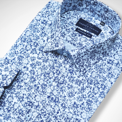 CAMISA ANDRE'E VERINO PREMIUM - ESTAMPADO CASUAL BLANCO HOJAS AZUL