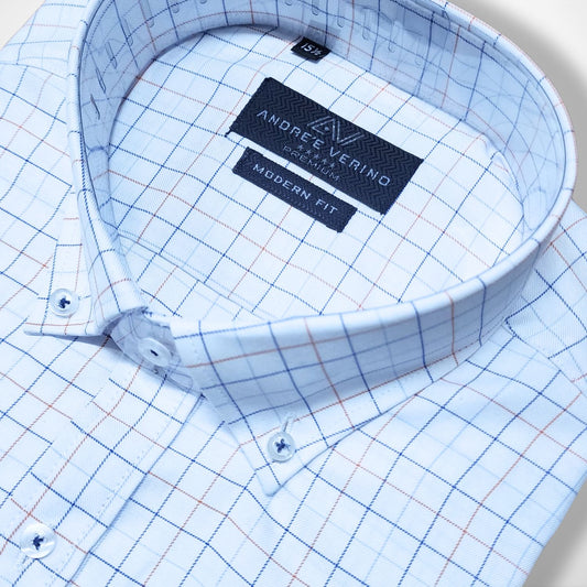 CAMISA ANDRE'E VERINO PREMIUM - BOTON EN EL CUELLO CASUAL BLANCO CUADROS AZULES Y NARANJAS
