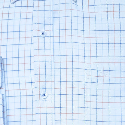 CAMISA ANDRE'E VERINO PREMIUM - BOTON EN EL CUELLO CASUAL BLANCO CUADROS AZULES Y NARANJAS