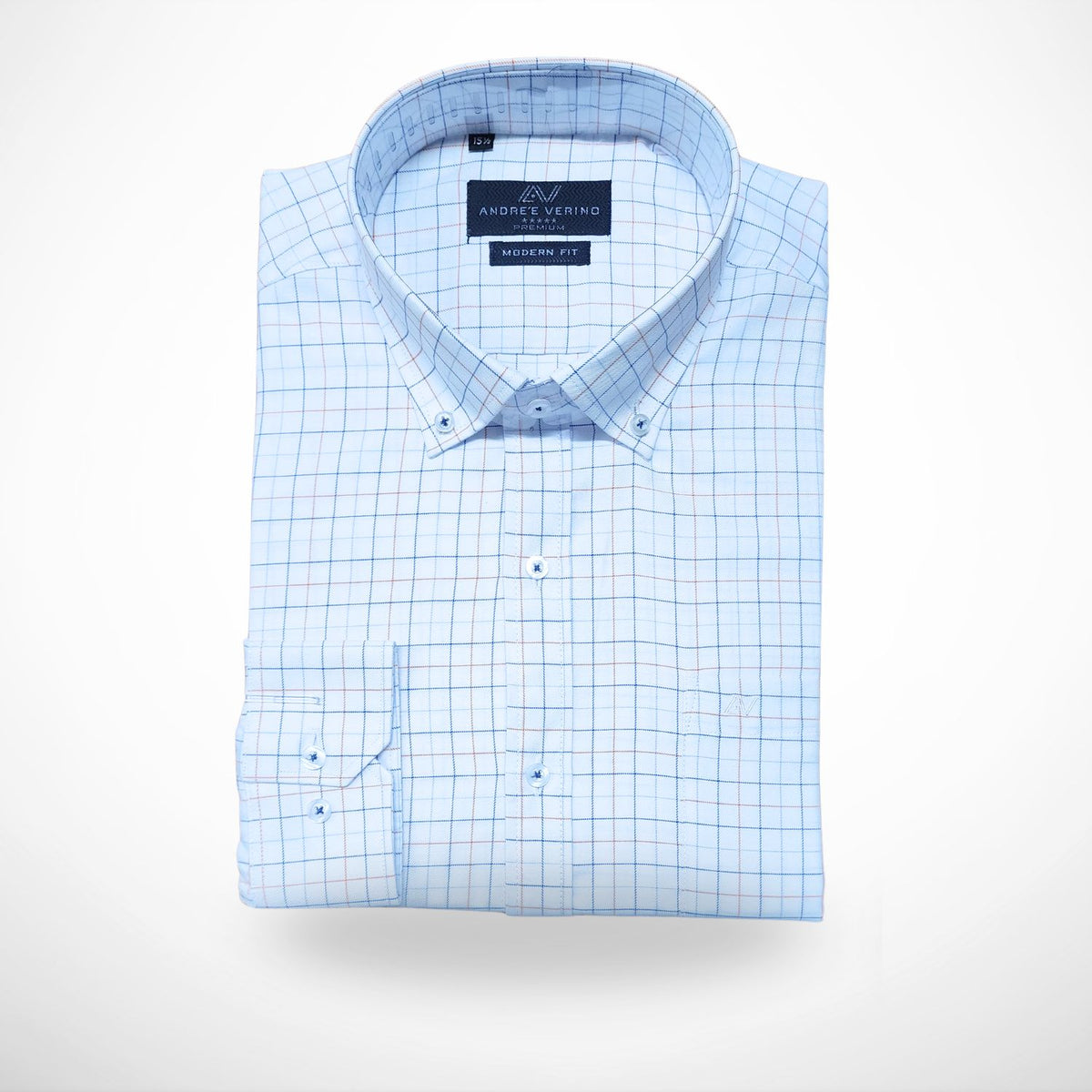 CAMISA ANDRE'E VERINO PREMIUM - BOTON EN EL CUELLO CASUAL BLANCO CUADROS AZULES Y NARANJAS
