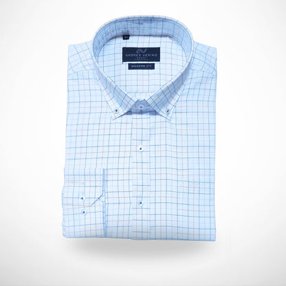 CAMISA ANDRE'E VERINO PREMIUM - BOTON EN EL CUELLO CASUAL BLANCO CUADROS AZULES Y NARANJAS