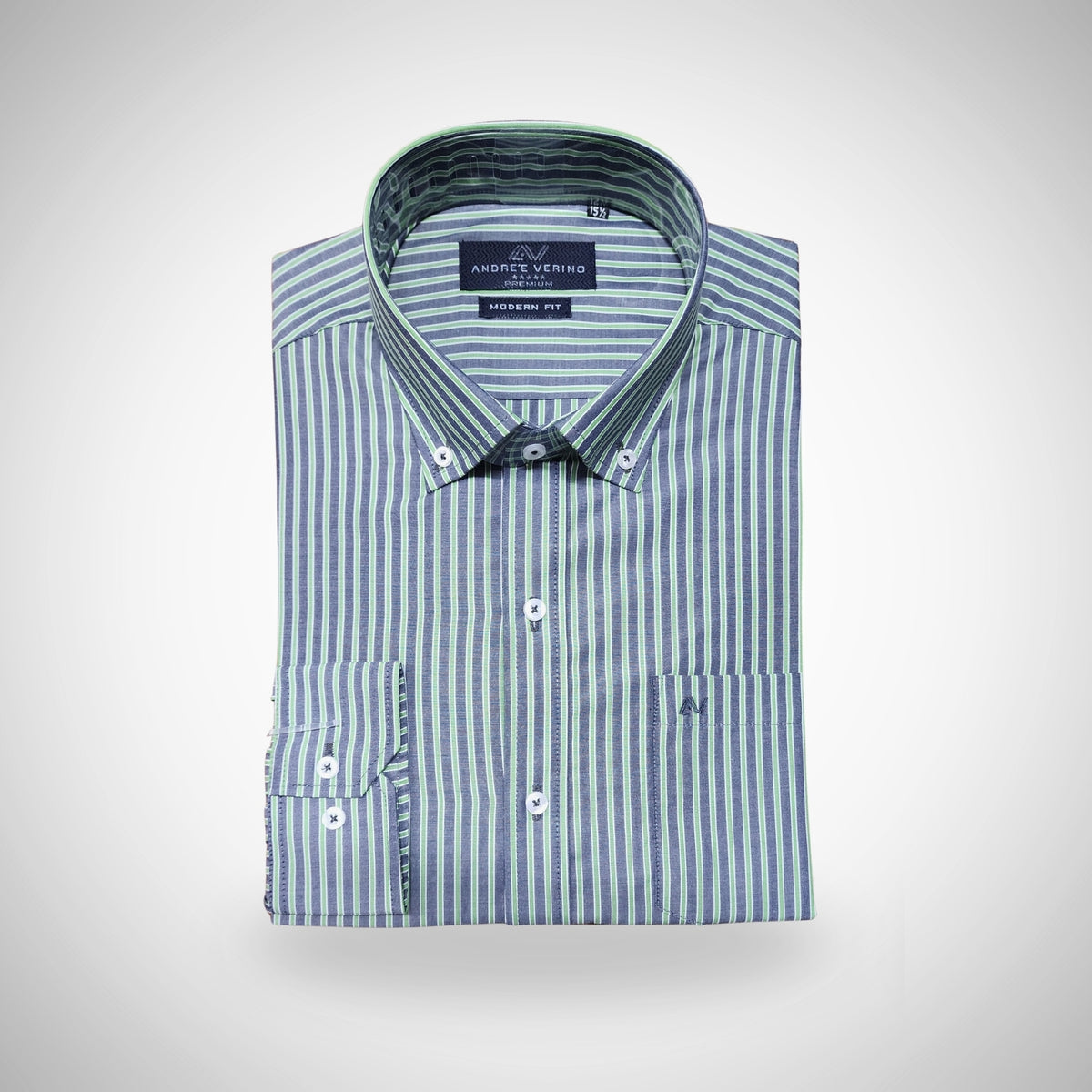 CAMISA ANDRE'E VERINO PREMIUM - BOTON EN EL CUELLO CASUAL RAYAS VERDES Y GRIS