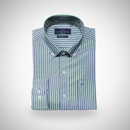 CAMISA ANDRE'E VERINO PREMIUM - BOTON EN EL CUELLO CASUAL RAYAS VERDES Y GRIS