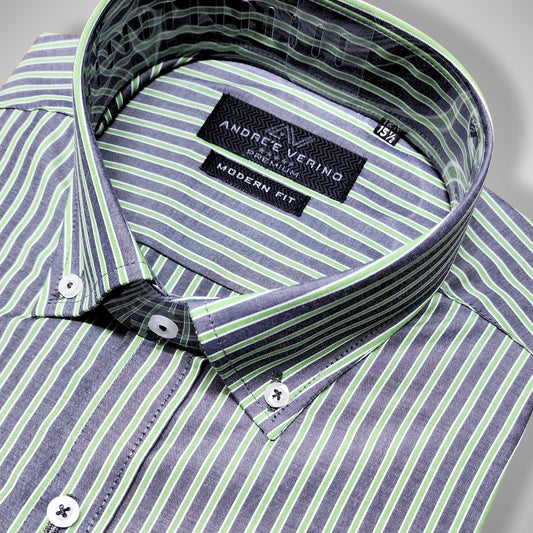 CAMISA ANDRE'E VERINO PREMIUM - BOTON EN EL CUELLO CASUAL RAYAS VERDES Y GRIS