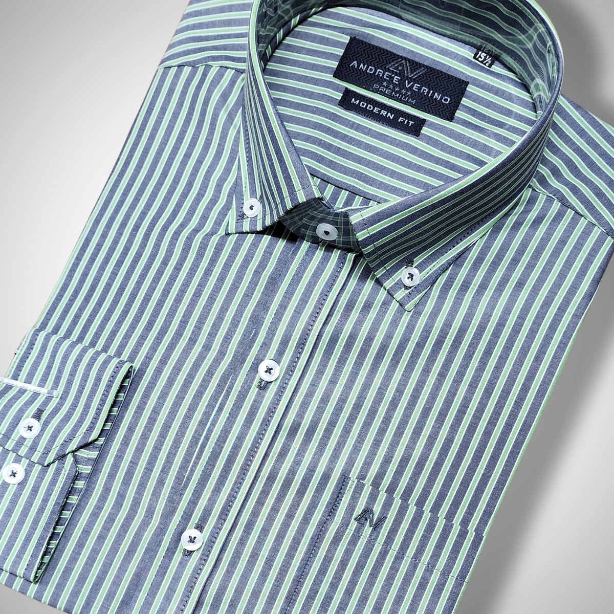 CAMISA ANDRE'E VERINO PREMIUM - BOTON EN EL CUELLO CASUAL RAYAS VERDES Y GRIS
