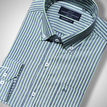 CAMISA ANDRE'E VERINO PREMIUM - BOTON EN EL CUELLO CASUAL RAYAS VERDES Y GRIS