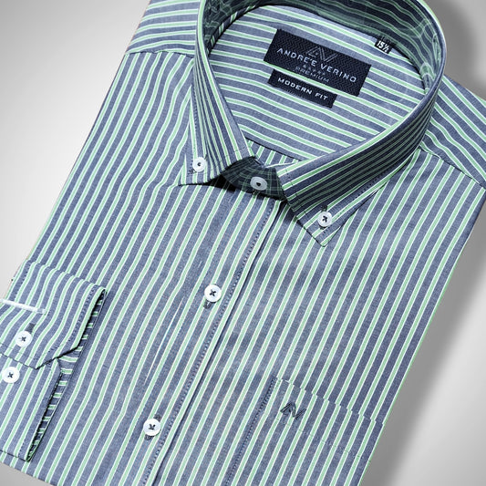 CAMISA ANDRE'E VERINO PREMIUM - BOTON EN EL CUELLO CASUAL RAYAS VERDES Y GRIS