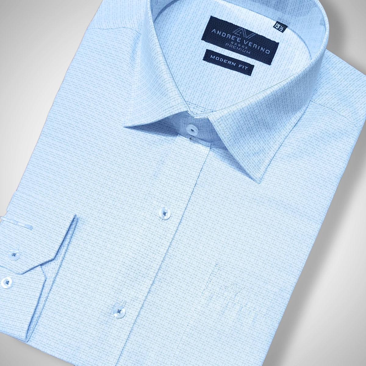 CAMISA ANDRE'E VERINO PREMIUM - LABRADO A RAYAS Y CUADRPS CELESTES CON FONDO BLANCO