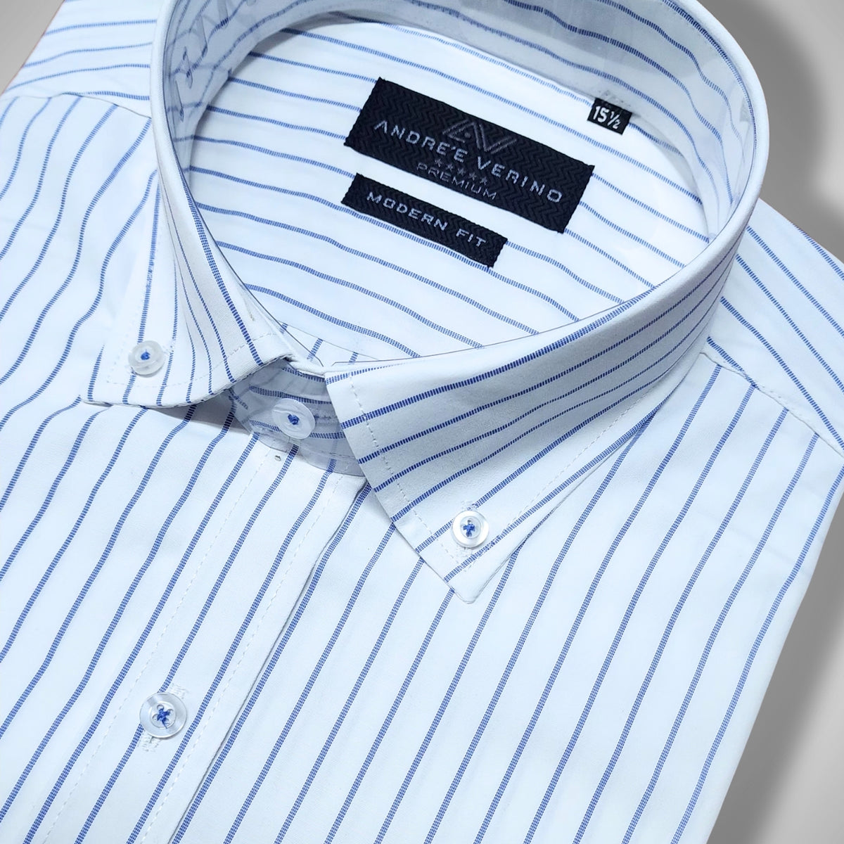 CAMISA ANDRE'E VERINO PREMIUM - BOTON EN EL CUELLO CASUAL BLANCO RAYAS AZULES
