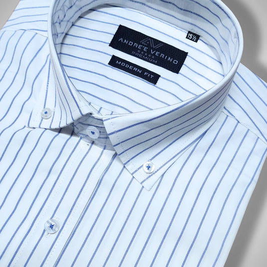 CAMISA ANDRE'E VERINO PREMIUM - BOTON EN EL CUELLO CASUAL BLANCO RAYAS AZULES