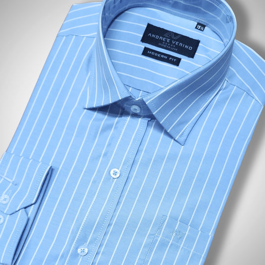 CAMISA ANDRE'E VERINO PREMIUM - LABRADO A RAYAS BLANCAS Y FONDO CELESTE