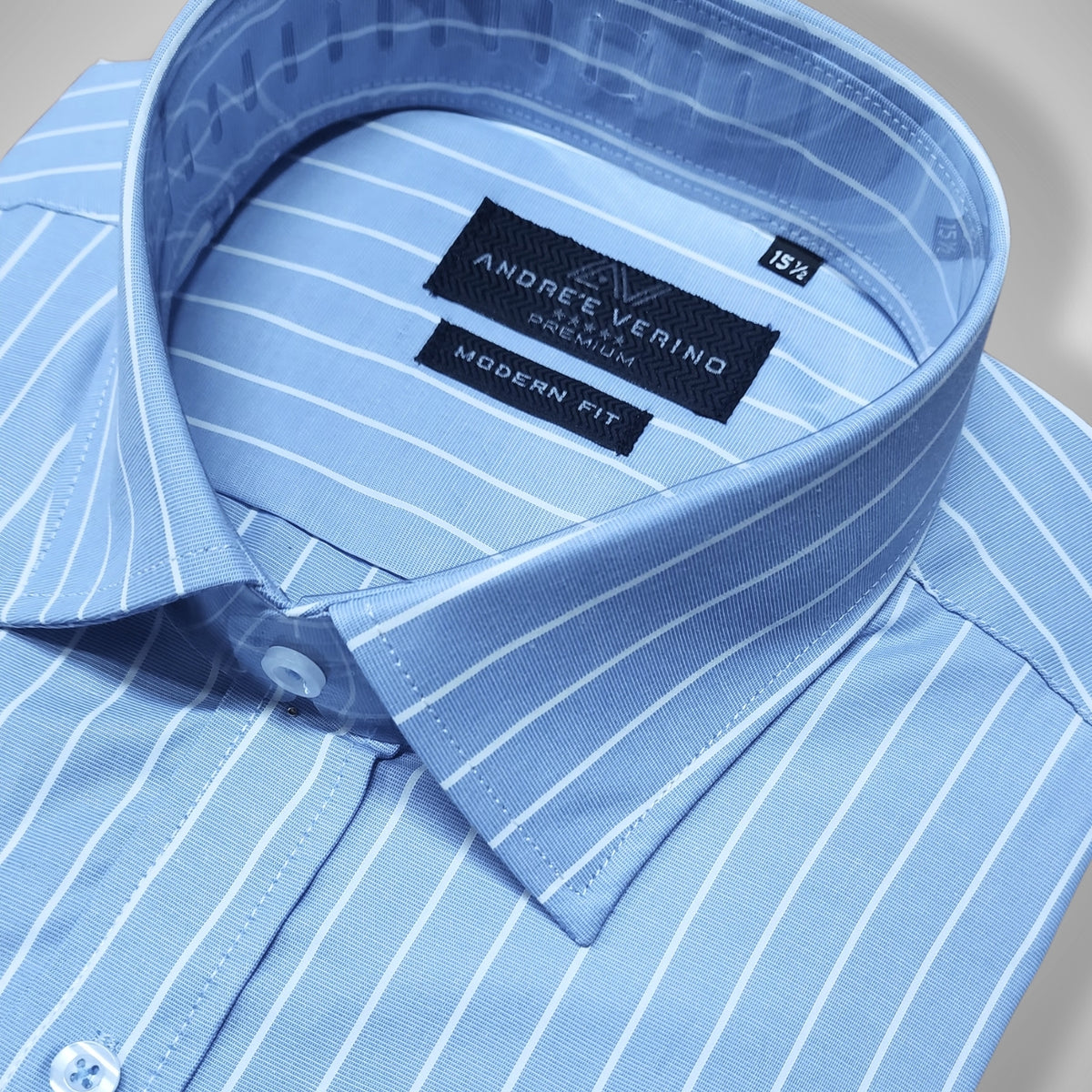CAMISA ANDRE'E VERINO PREMIUM - LABRADO A RAYAS BLANCAS Y FONDO CELESTE