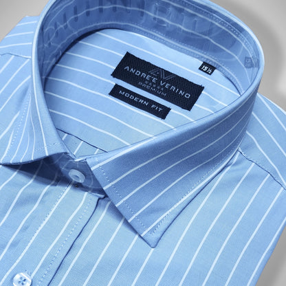 CAMISA ANDRE'E VERINO PREMIUM - LABRADO A RAYAS BLANCAS Y FONDO CELESTE
