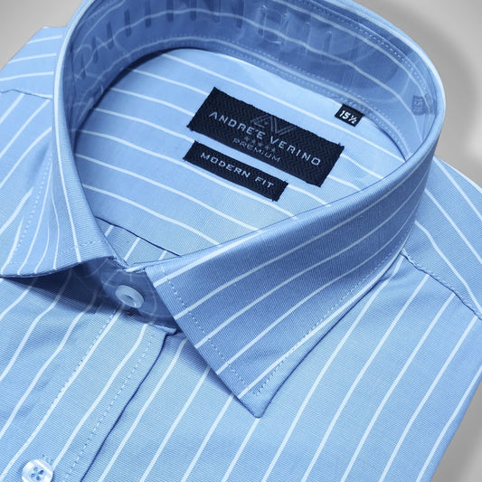 CAMISA ANDRE'E VERINO PREMIUM - LABRADO A RAYAS BLANCAS Y FONDO CELESTE