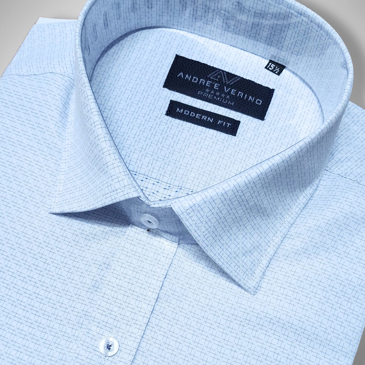 CAMISA ANDRE'E VERINO PREMIUM - LABRADO A RAYAS Y CUADRPS CELESTES CON FONDO BLANCO