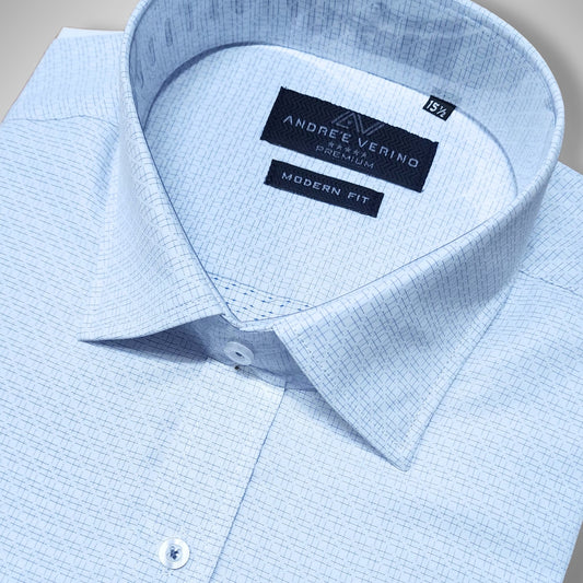 CAMISA ANDRE'E VERINO PREMIUM - LABRADO A RAYAS Y CUADRPS CELESTES CON FONDO BLANCO
