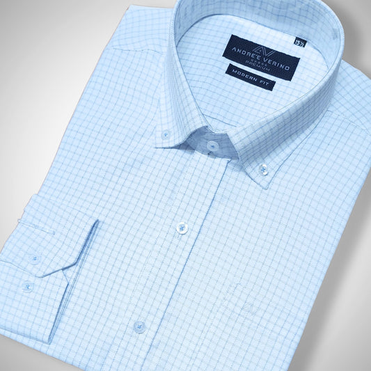 CAMISA ANDRE'E VERINO PREMIUM - BOTON EN EL CUELLO CASUAL CUADROS CELESTES Y FONDO BLANCO FULL DOBBY