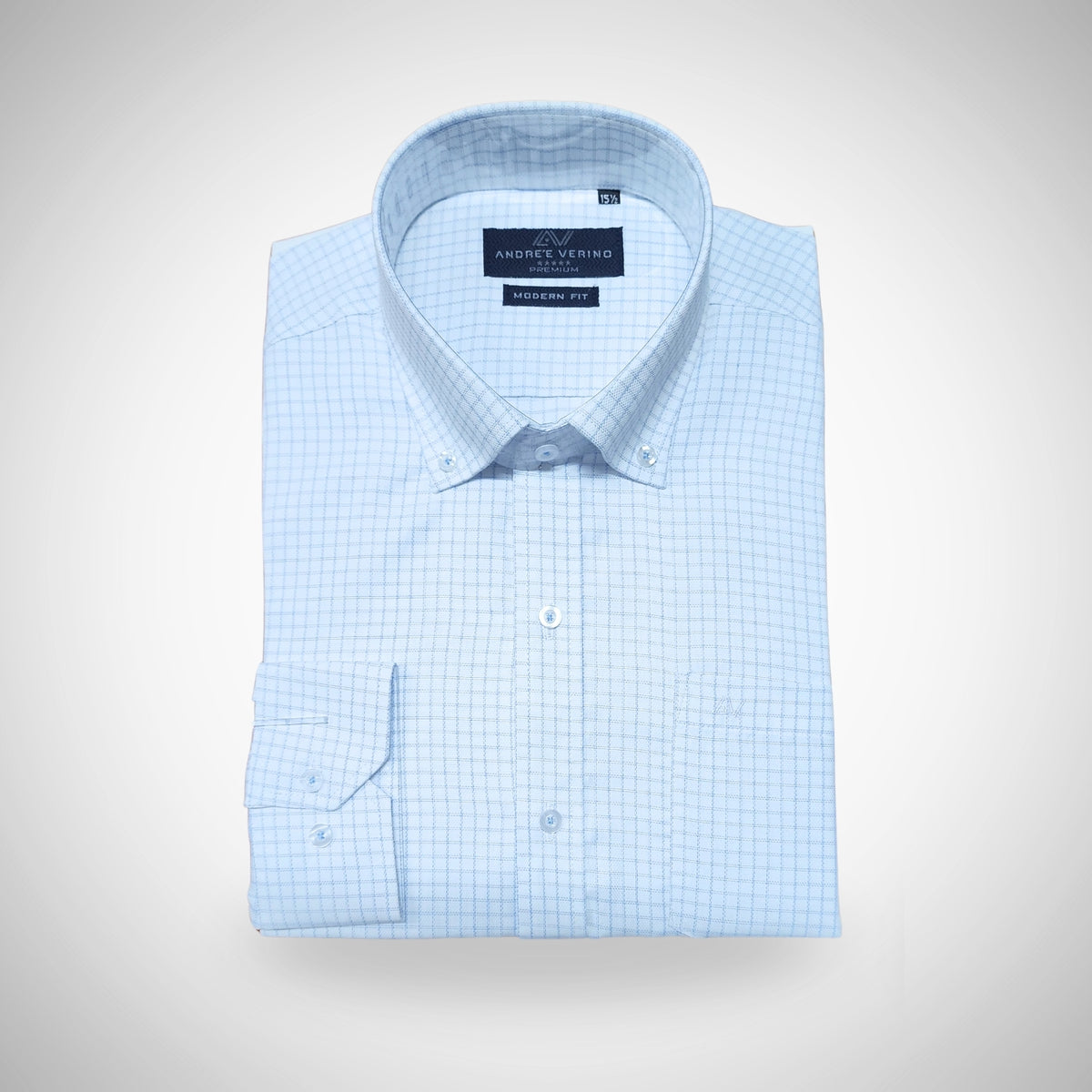 CAMISA ANDRE'E VERINO PREMIUM - BOTON EN EL CUELLO CASUAL CUADROS CELESTES Y FONDO BLANCO FULL DOBBY