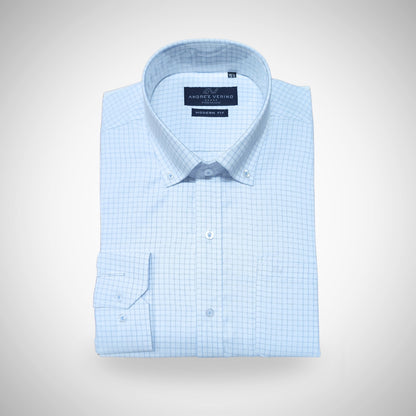 CAMISA ANDRE'E VERINO PREMIUM - BOTON EN EL CUELLO CASUAL CUADROS CELESTES Y FONDO BLANCO FULL DOBBY