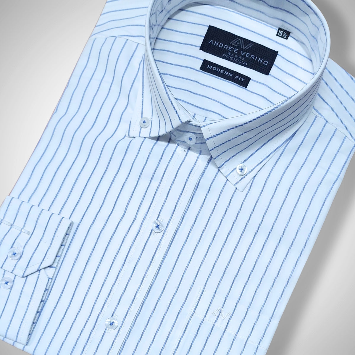 CAMISA ANDRE'E VERINO PREMIUM - BOTON EN EL CUELLO CASUAL BLANCO RAYAS AZULES