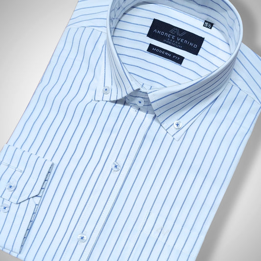 CAMISA ANDRE'E VERINO PREMIUM - BOTON EN EL CUELLO CASUAL BLANCO RAYAS AZULES