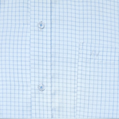 CAMISA ANDRE'E VERINO PREMIUM - BOTON EN EL CUELLO CASUAL CUADROS CELESTES Y FONDO BLANCO FULL DOBBY