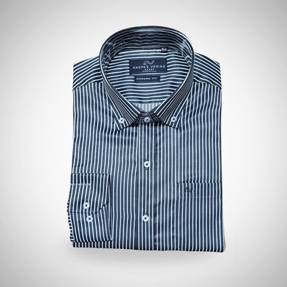 CAMISA ANDRE'E VERINO PREMIUM - BOTON EN EL CUELLO CASUAL LABRADO A RAYAS BLANCAS Y FONDO CELESTE