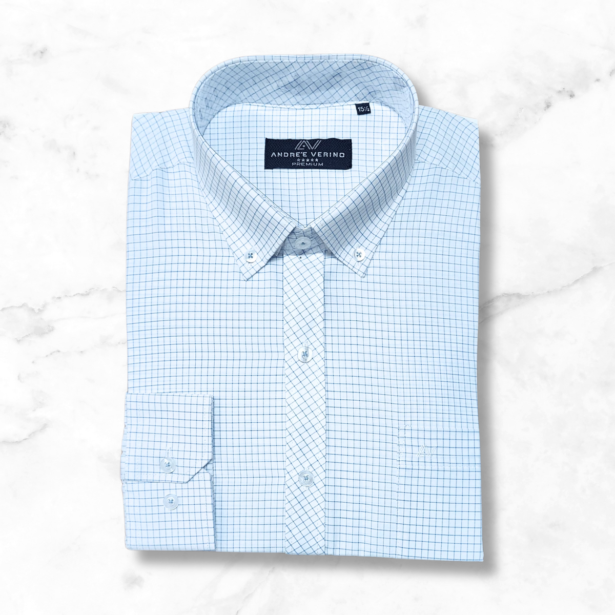 CAMISA ANDRE'E VERINO PREMIUM - CUADROS CELESTES FONDO BLANCO
