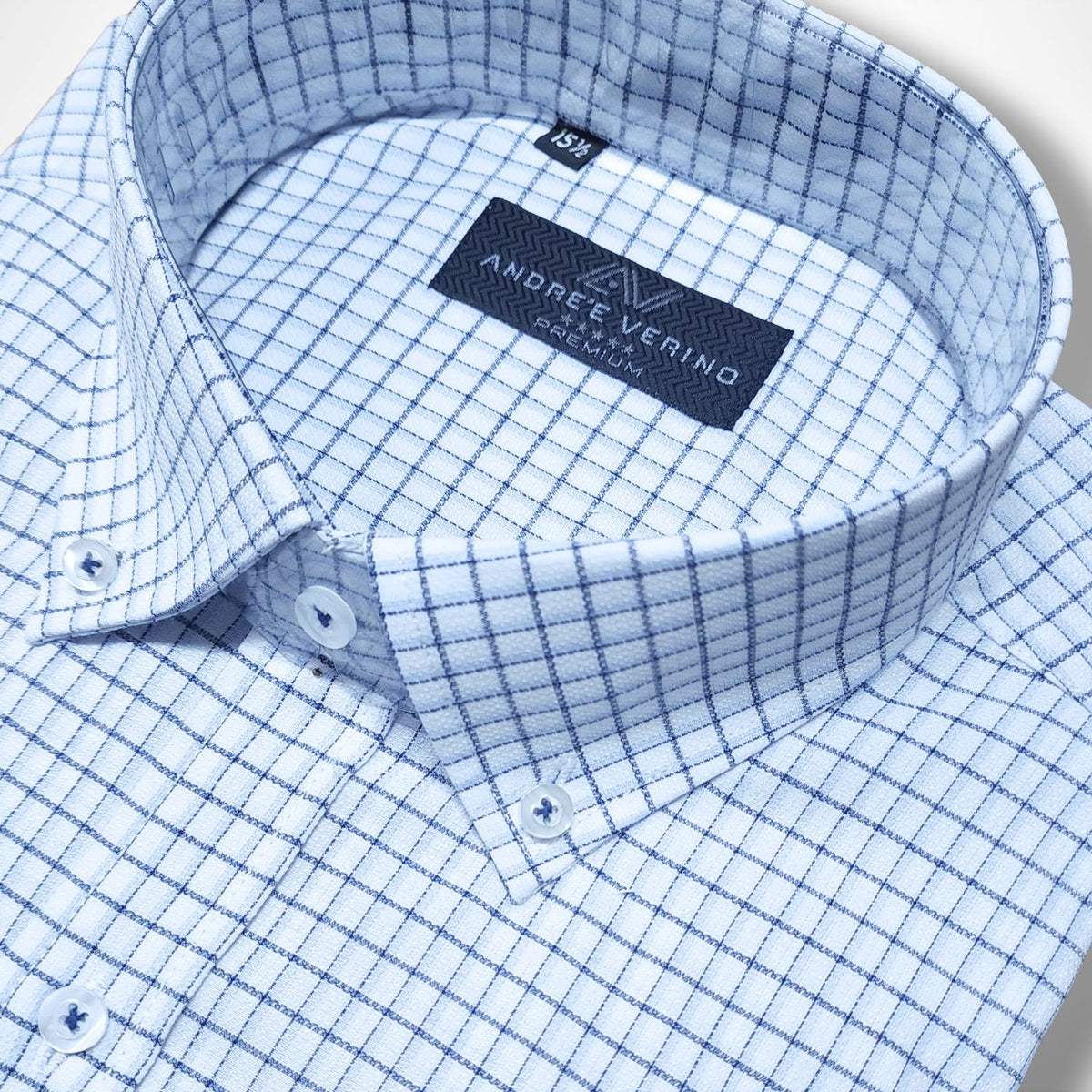 CAMISA ANDRE'E VERINO PREMIUM - BOTON EN EL CUELLO CASUAL BLANCO CUADROS AZULES Y NEGROS