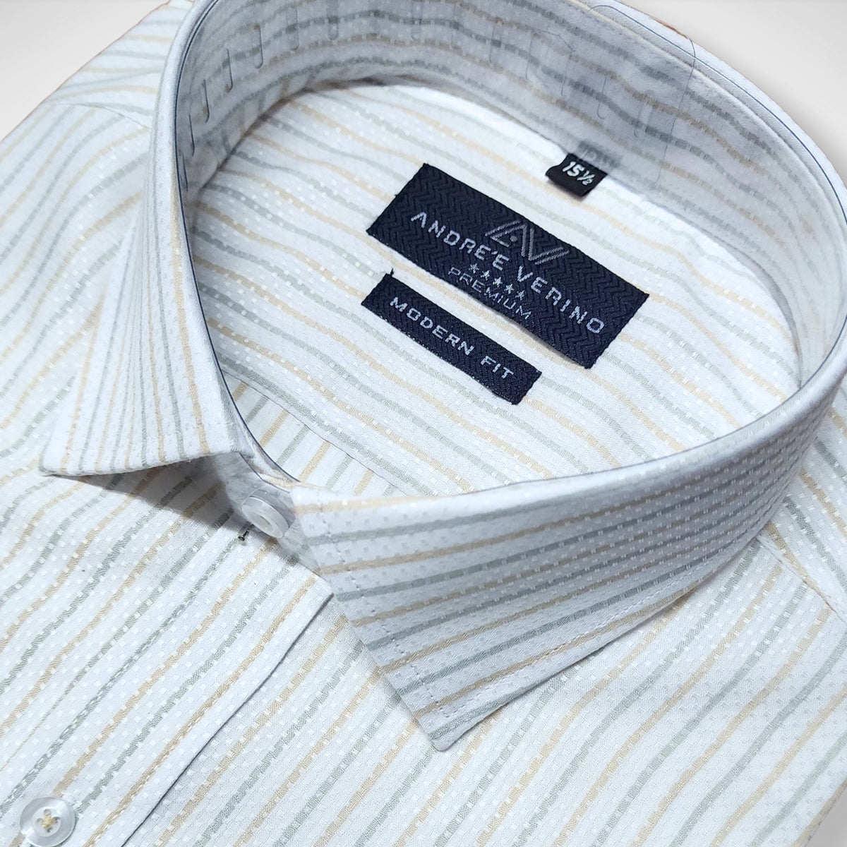 CAMISA ANDRE'E VERINO PREMIUM - LABRADO A RAYAS BEIGE FONDO BLANCO